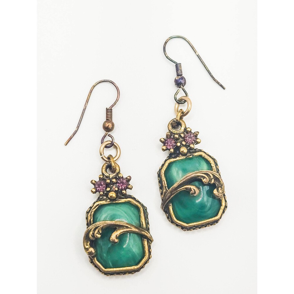 Vintage Art Nouveau Revival Marbled Green Plastic Dangle Earrings Bronze Fairyco